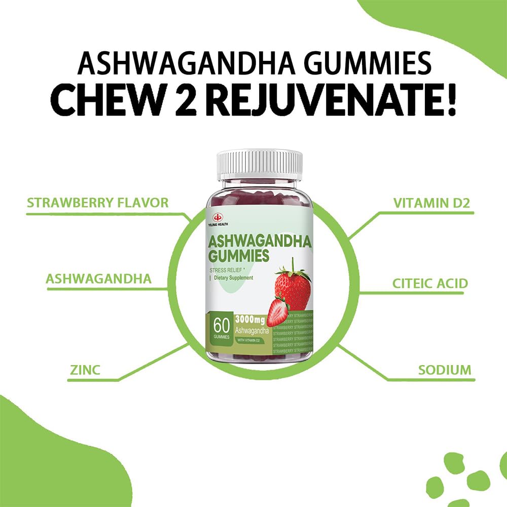 YiLing Ashwagandha Gummies - 3000 mg, 60 Count, Strawberry Flavor for Energy, Sleep & Stress Relief