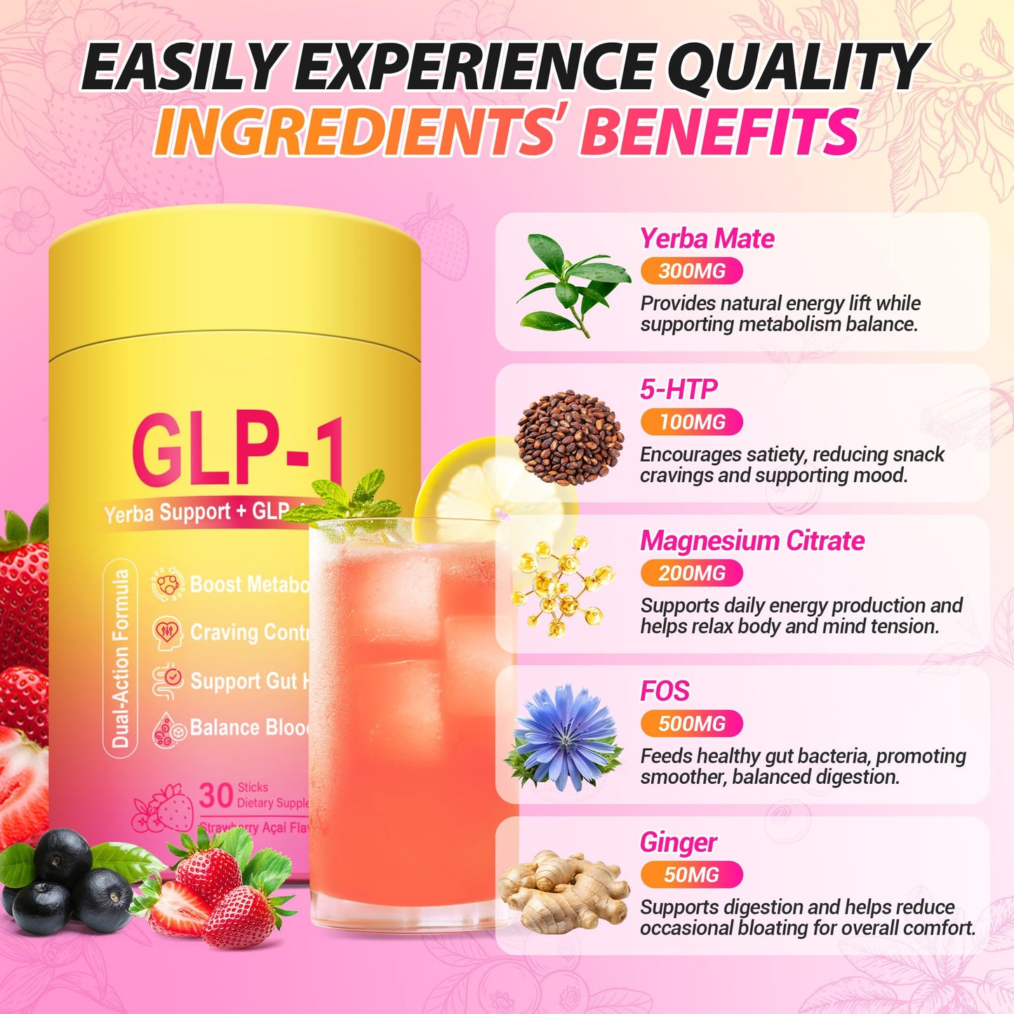 Yooloks Cutting Drink Mix – GLP-1 Drink Mix with 5-HTP, Yerba Mate & Magnesium, FOS | Strawberry Acai Flavor – 30 Servings