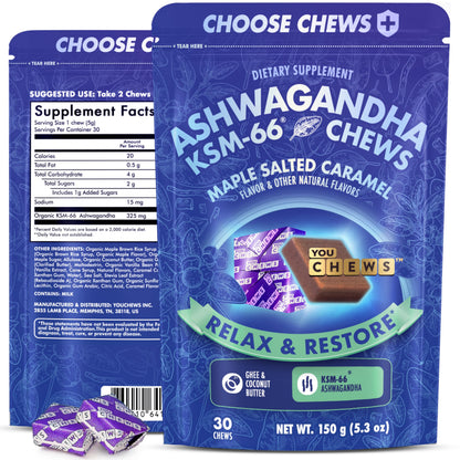 YouChews Ashwagandha KSM-66 Chews – Stress Relief & Mood Support, Organic Maple Salted Caramel, 30 Count