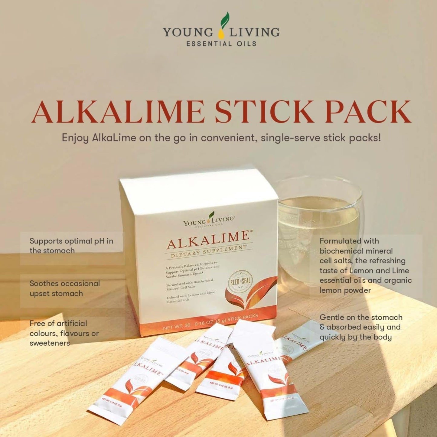 Young Living AlkaLime Stick Packs - 30 ct | Digestive Wellness, Gentle on Stomach | Vitamin & Mineral Supplement
