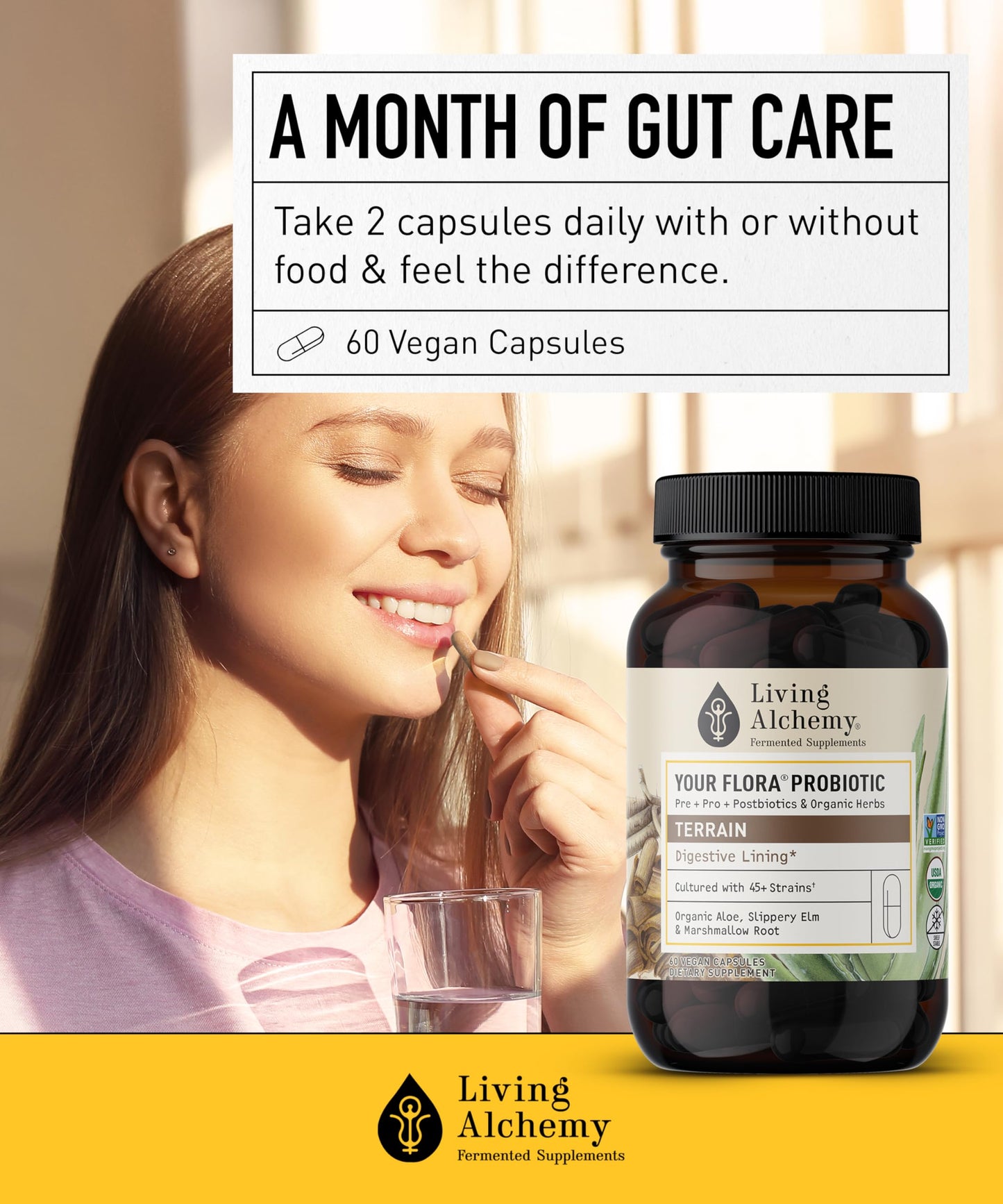 Your Flora Probiotic Terrain – Non-GMO Probiotics with Fermented Soybean, Aloe Vera, & Slippery Elm for Gut Balance & Digestion | Living Alchemy, 60 Pcs