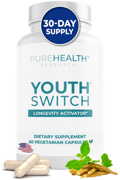 PUREHEALTH RESEARCH Youth Switch - Anti Aging Supplement with Ashwagandha Extract 600 mg KSM-66 - Longevity Activator - Telomere Supplements - Disrupt & Reverse Aging, 1 Bottle - 60 Capsules