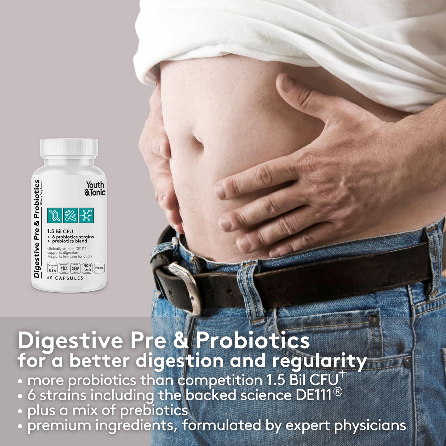 Youth & Tonic Digestive Supplement - Enzymes, Probiotics & Prebiotics for Gut Health
