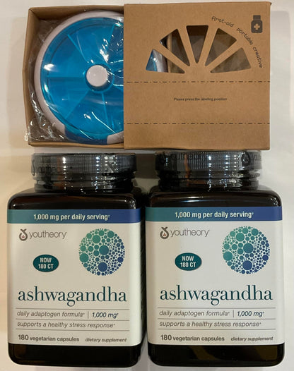 Youtheory Ashwagandha 1000mg with KSM-66 – 360 Capsules Pack + 7-Day Pill Organizer Bundle