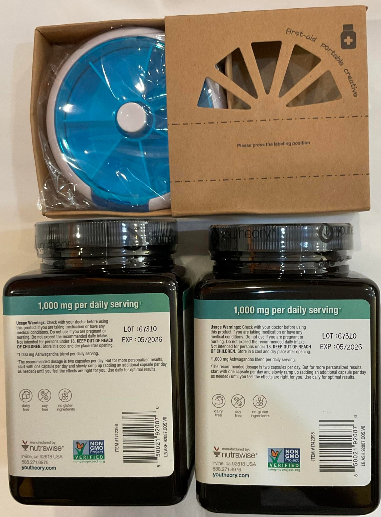 Youtheory Ashwagandha 1000mg with KSM-66 – 360 Capsules Pack + 7-Day Pill Organizer Bundle