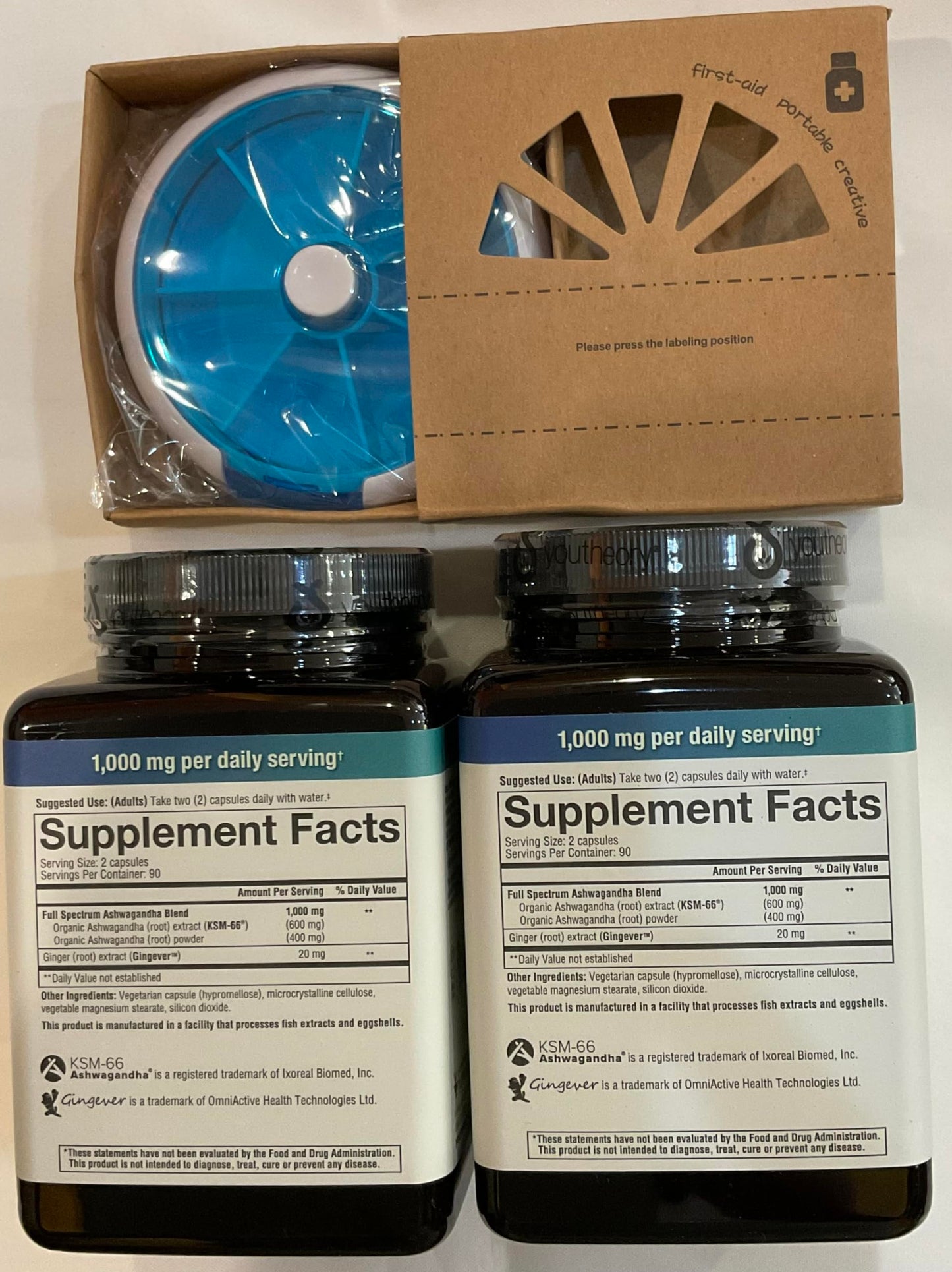 Youtheory Ashwagandha 1000mg with KSM-66 – 360 Capsules Pack + 7-Day Pill Organizer Bundle