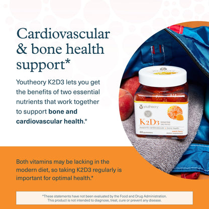 Youtheory K2D3 – Bone & Heart Health Support* (D3 + K2) – Peach, 60 Vegetarian Gummies