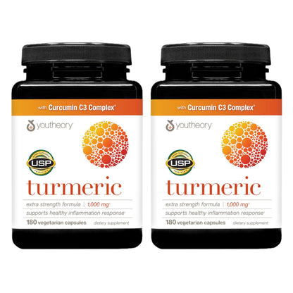 Youtheory Turmeric Extra Strength 1,000 mg – 95% Curcuminoids + BioPerine | 180 Vegetarian Capsules | USP Verified | 2 Pack