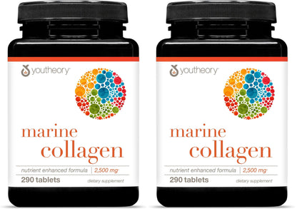 Youtheory Marine Collagen - 2,500 mg Hydrolyzed, Skin Support - Fish-Sourced, 290 Tablets (Pack of 2)