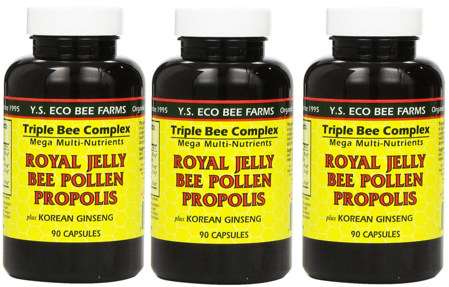 Y.S. Eco Bee Farms 3-Pack Royal Jelly, Bee Pollen, Propolis, Korean Ginseng - 90 Capsules