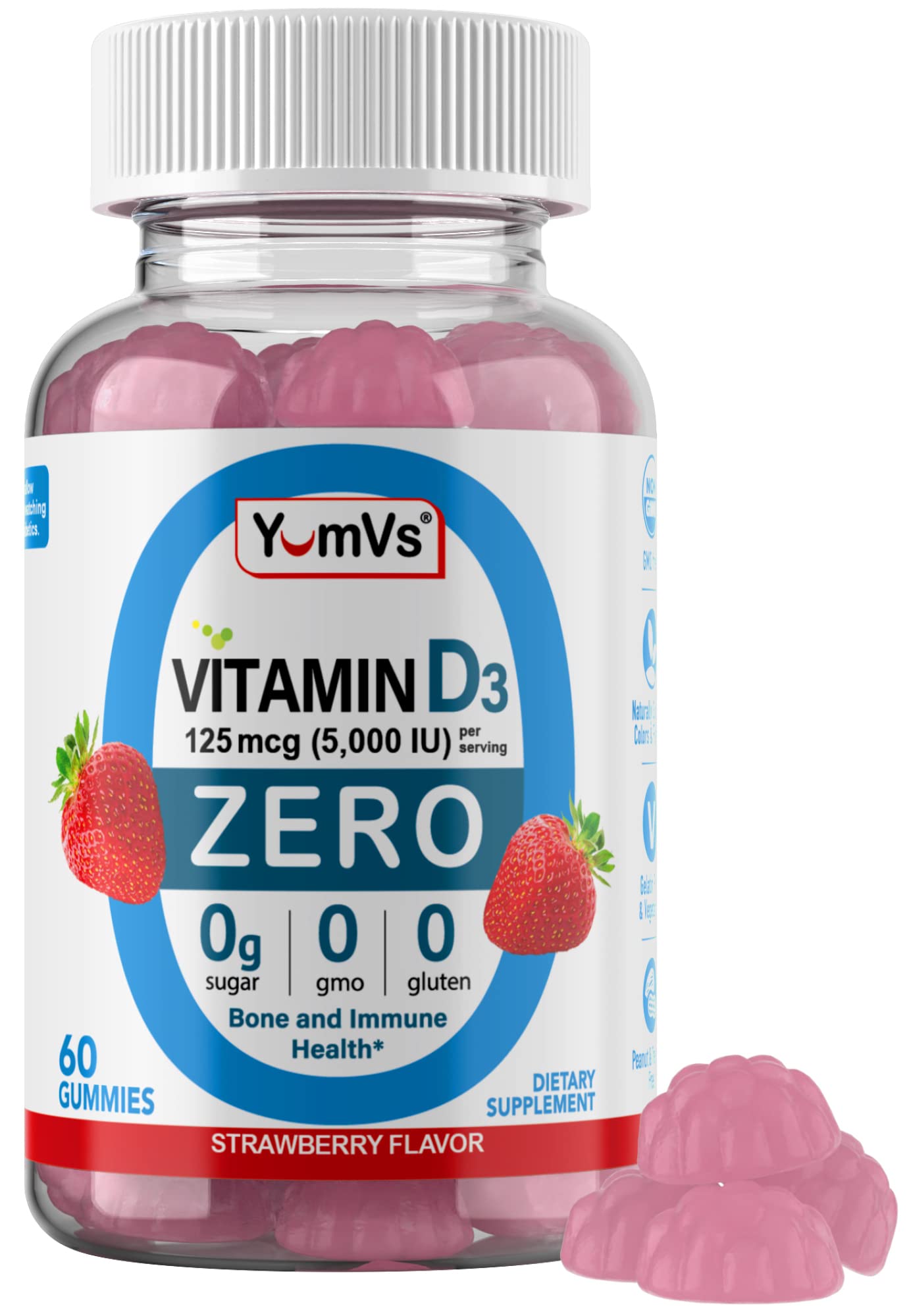 Yum-Vs - Vitamin D3 Gummies with Zero Sugar for Adults & Kids (125 mcg - 60 Count) - Sugar Free Vitamin D Gummies - Vegetarian Gummy Vitamins for Bone Support & Immune Health - Vit D3 Vitamin Chewable