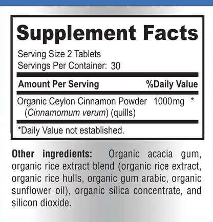 YUMMYVITE Organic Ceylon Cinnamon - 1000mg per Serving, True Cinnamon Supplement, 60 Tablets