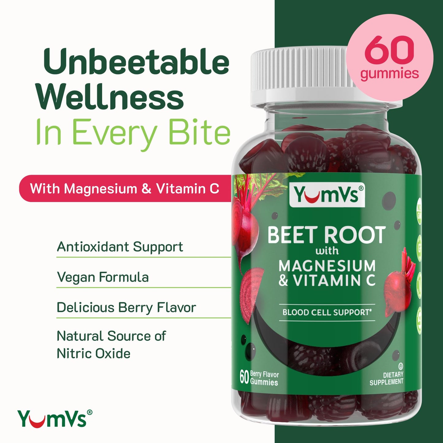 YumVs Beet Root Gummies with Magnesium & Vitamin C – Berry Flavor (60 Count)