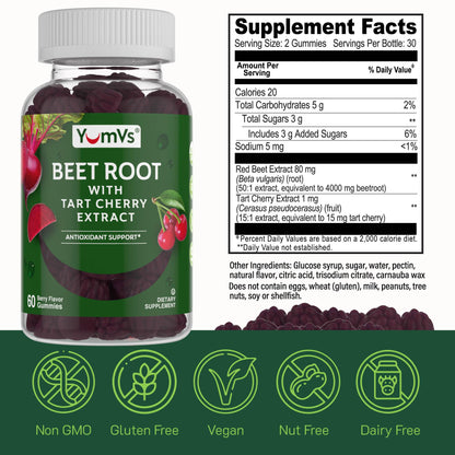 YUM-V'S Beet Root Gummies with Tart Cherry – Berry Flavor for Blood Circulation & Antioxidants