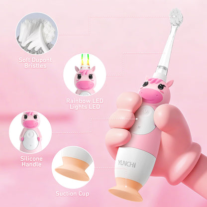 YUNCHI Toddler Electric Toothbrush Pink – 0-6 Years, LED Light, 2-Minute Timer, 4 Brush Heads