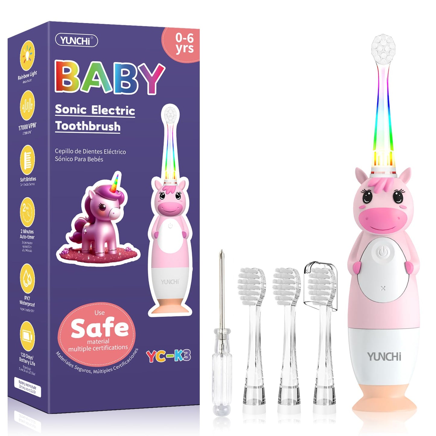 YUNCHI Toddler Electric Toothbrush Pink – 0-6 Years, LED Light, 2-Minute Timer, 4 Brush Heads