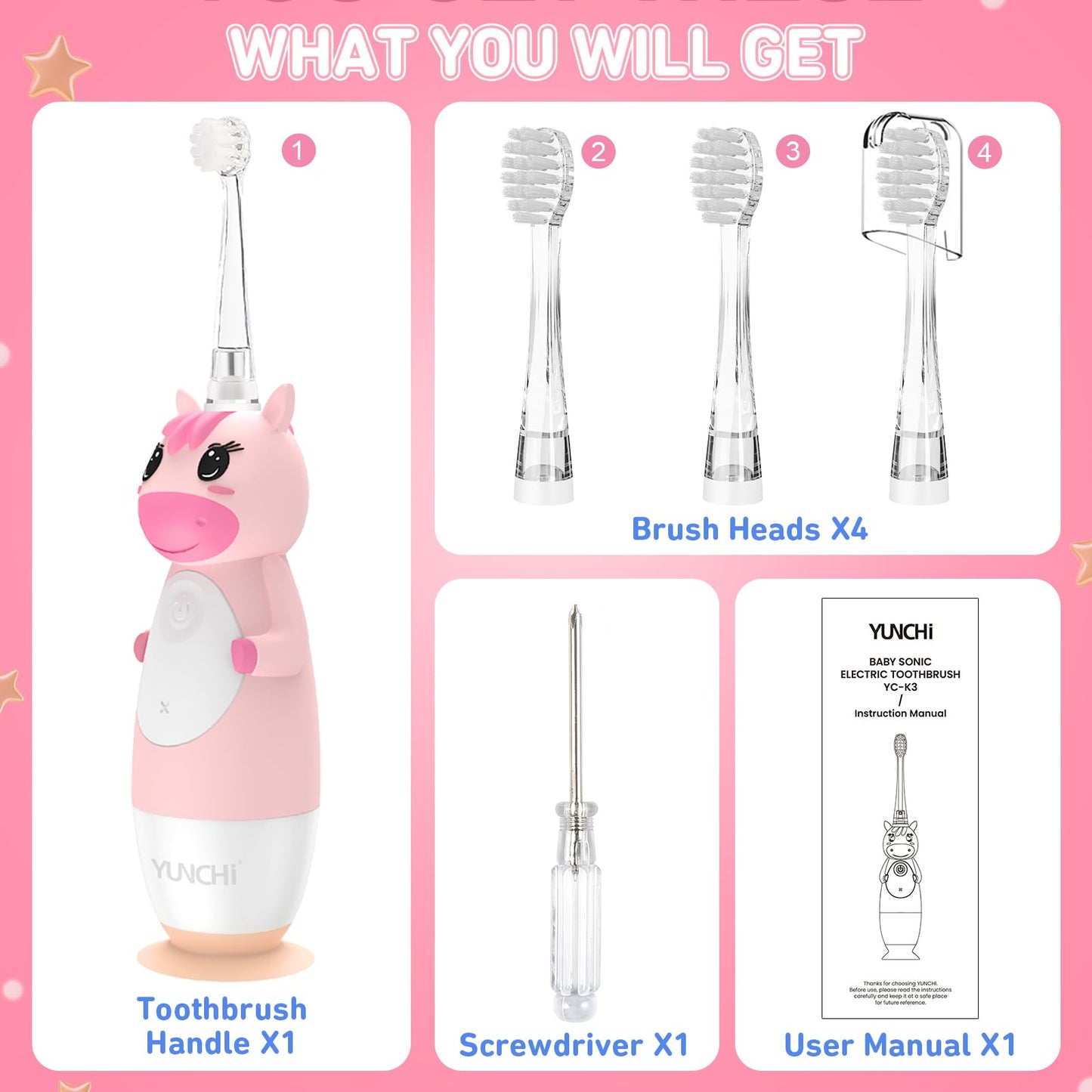 YUNCHI Toddler Electric Toothbrush Pink – 0-6 Years, LED Light, 2-Minute Timer, 4 Brush Heads