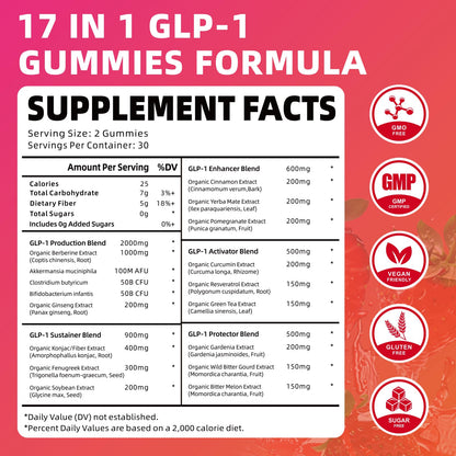YUULAI GLP-1 Berberine Gummies with Akkermansia Probiotic – Raspberry Flavor, 60 Count