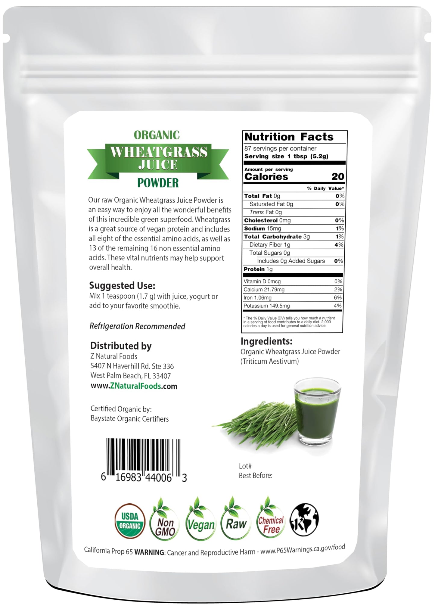 Z Natural Foods Organic Wheat Grass Juice Powder - 1lb | Non-GMO, Vegan, Kosher