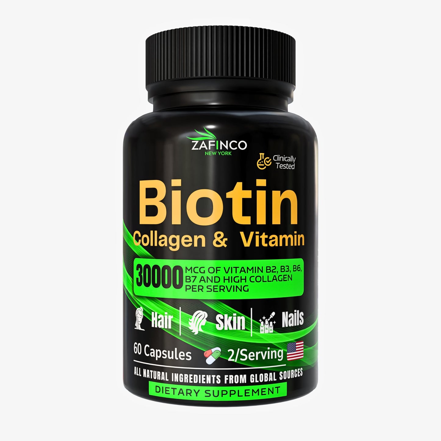 ZAFiNCO 30000 mcg Biotin Hair Skin Nails – High Potency, Hyaluronic Acid | 60 Capsules | Made in USA