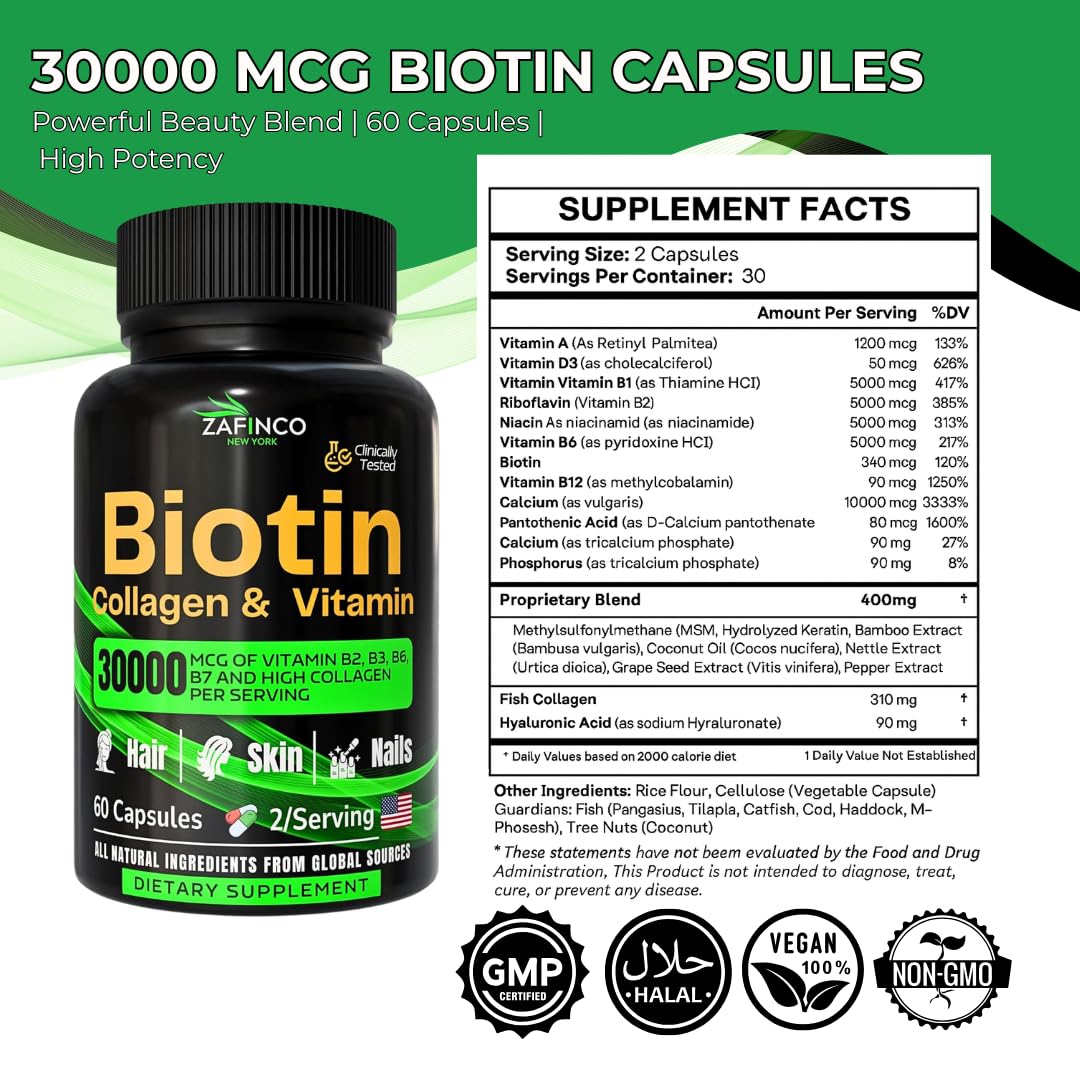 ZAFiNCO 30000 mcg Biotin Hair Skin Nails – High Potency, Hyaluronic Acid | 60 Capsules | Made in USA