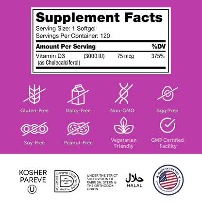 Zahler Vitamin D3 3000 IU Softgels (120) – Kosher, Vegetarian