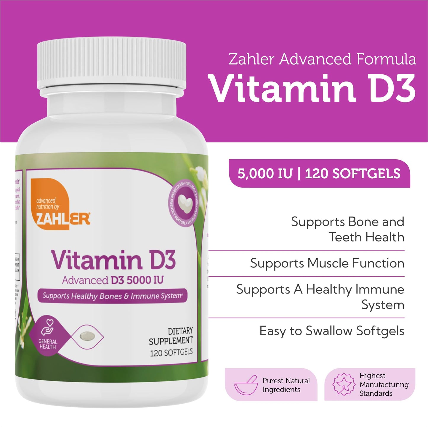 Zahler Vitamin D3 5000 IU Softgels (120 ct) - Kosher Vegetarian, Immune & Bone Health