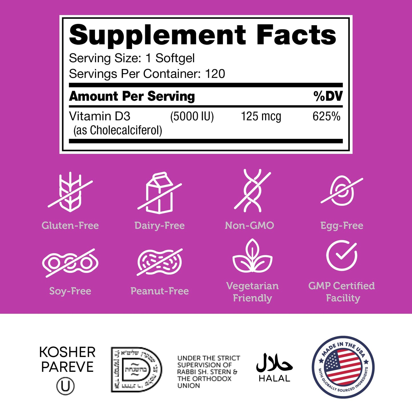 Zahler Vitamin D3 5000 IU Softgels (120 ct) - Kosher Vegetarian, Immune & Bone Health
