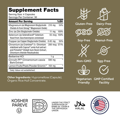 Zahler Diabetter: Advanced Glucose Support with Cinnamon | 180 Capsules | Kosher