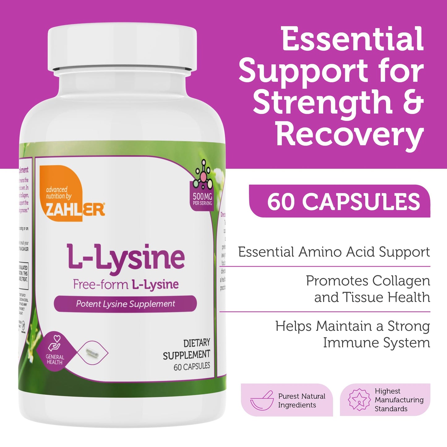 Zahler L-Lysine 500mg – Freeform L-Lysine, Kosher, 60 Capsules