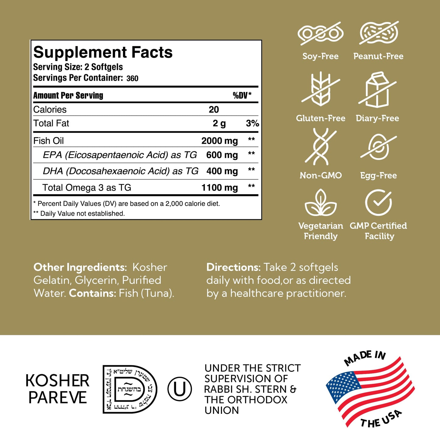 Zahler Omega 3 Fish Oil - 360 Softgels | 600 mg EPA, 400 mg DHA | Kosher Tuna | Brain & Heart Support