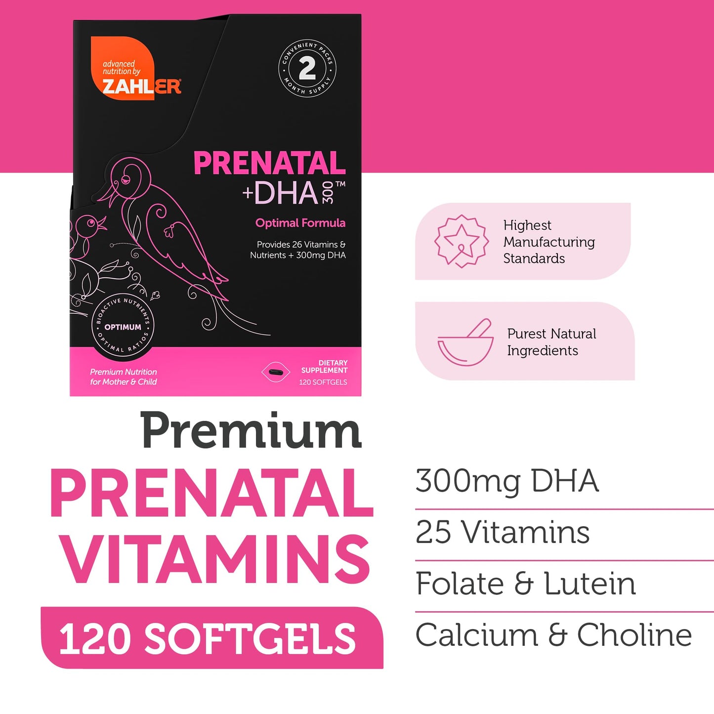 Zahler Prenatal Vitamin with DHA & Folate | Kosher DHA Prenatal Softgels, 120 Count