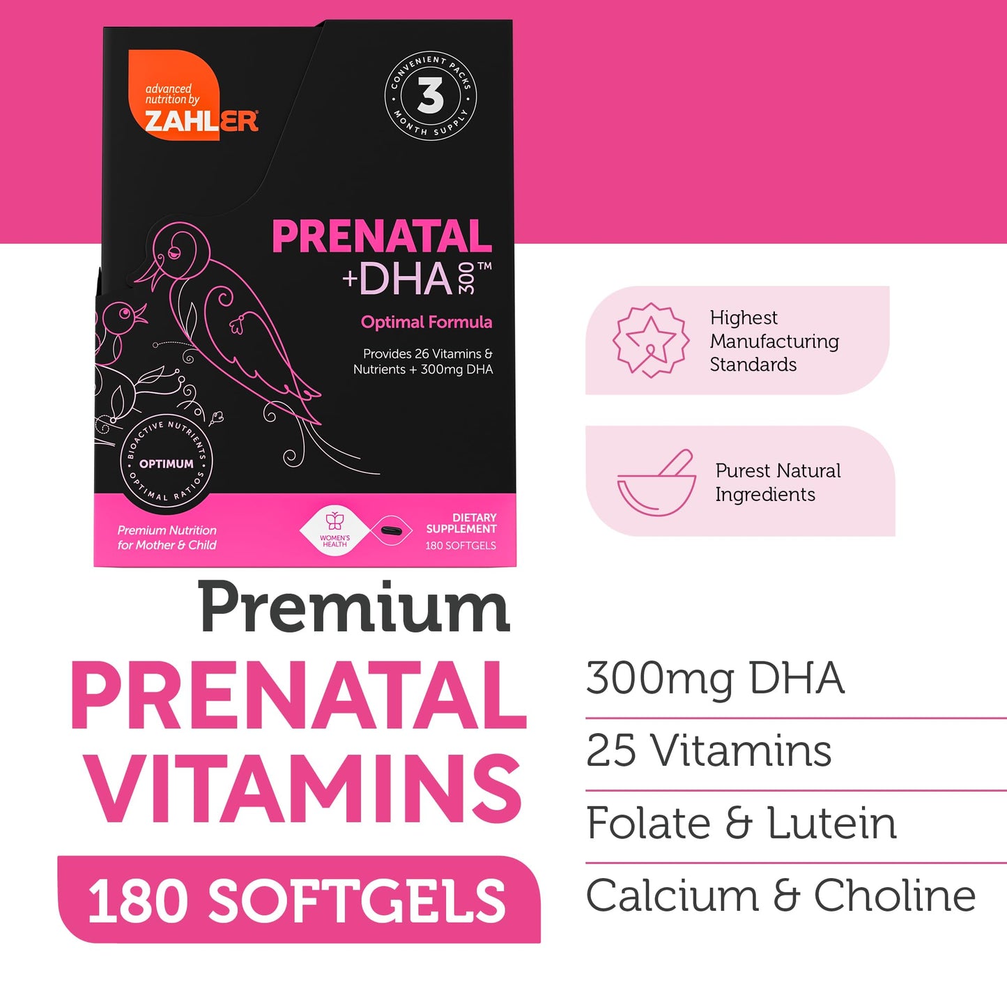 Zahler Prenatal Vitamin with DHA & Folate – Kosher Prenatal Softgels (180 Count)