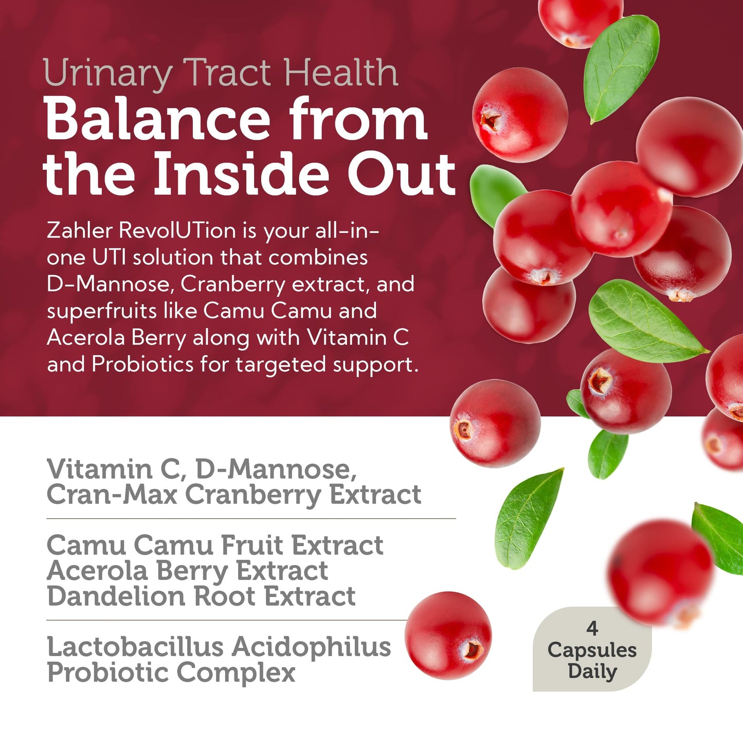 Zahler Revolution - Complete Women's Urinary Tract Health Formula with Probiotics | UTI Support for Women (120 Capsules)