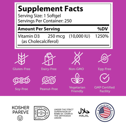 Zahler Vitamin D3 10,000 IU Softgels – 250 Count, 2-Pack | Kosher & Vegetarian