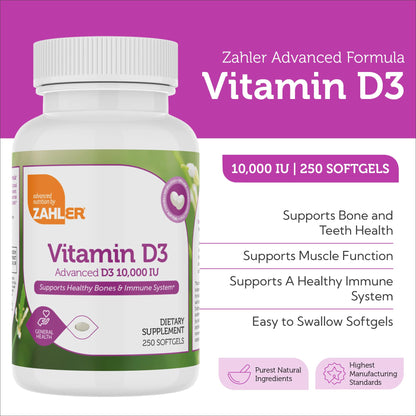 Zahler Vitamin D3 10,000 IU Softgels – 250 Count, 2-Pack | Kosher & Vegetarian