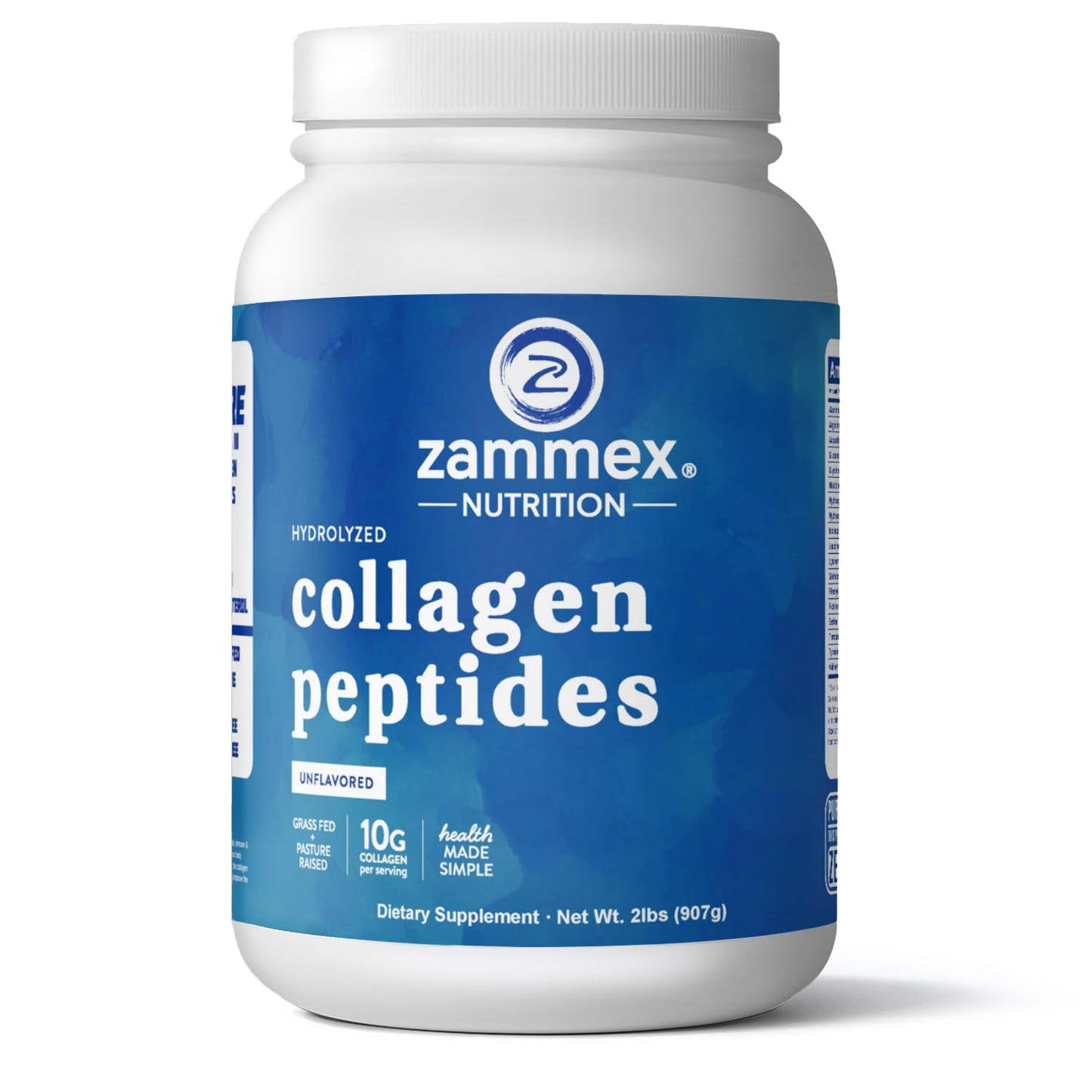 Zammex Collagen Peptides Powder – 90 Servings, Unflavored, Grass-Fed Type I & III, Non-GMO