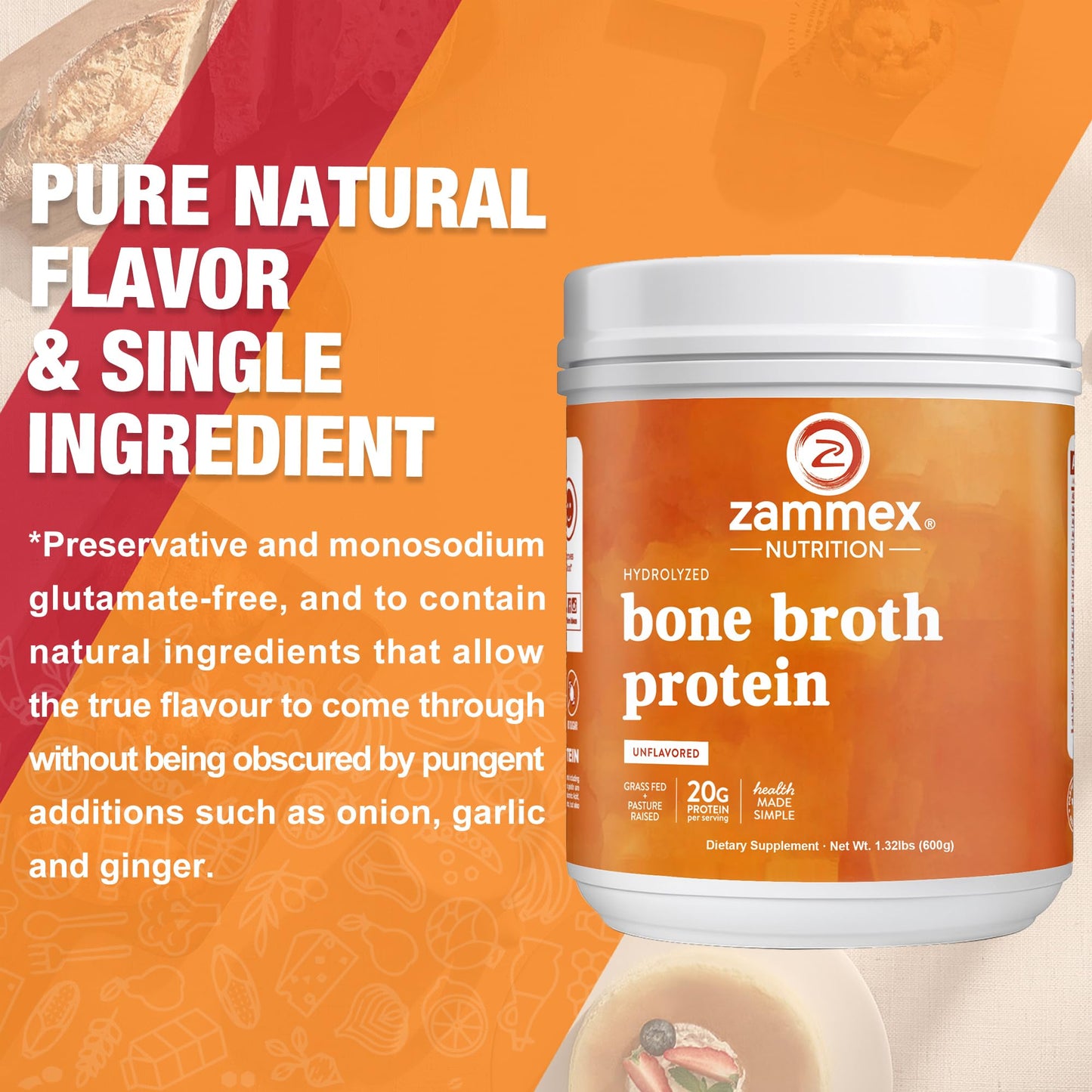 Zammex Pure Grass-Fed Beef Bone Broth Protein Powder – 20g Protein, Collagen, Non-GMO, Gluten Free