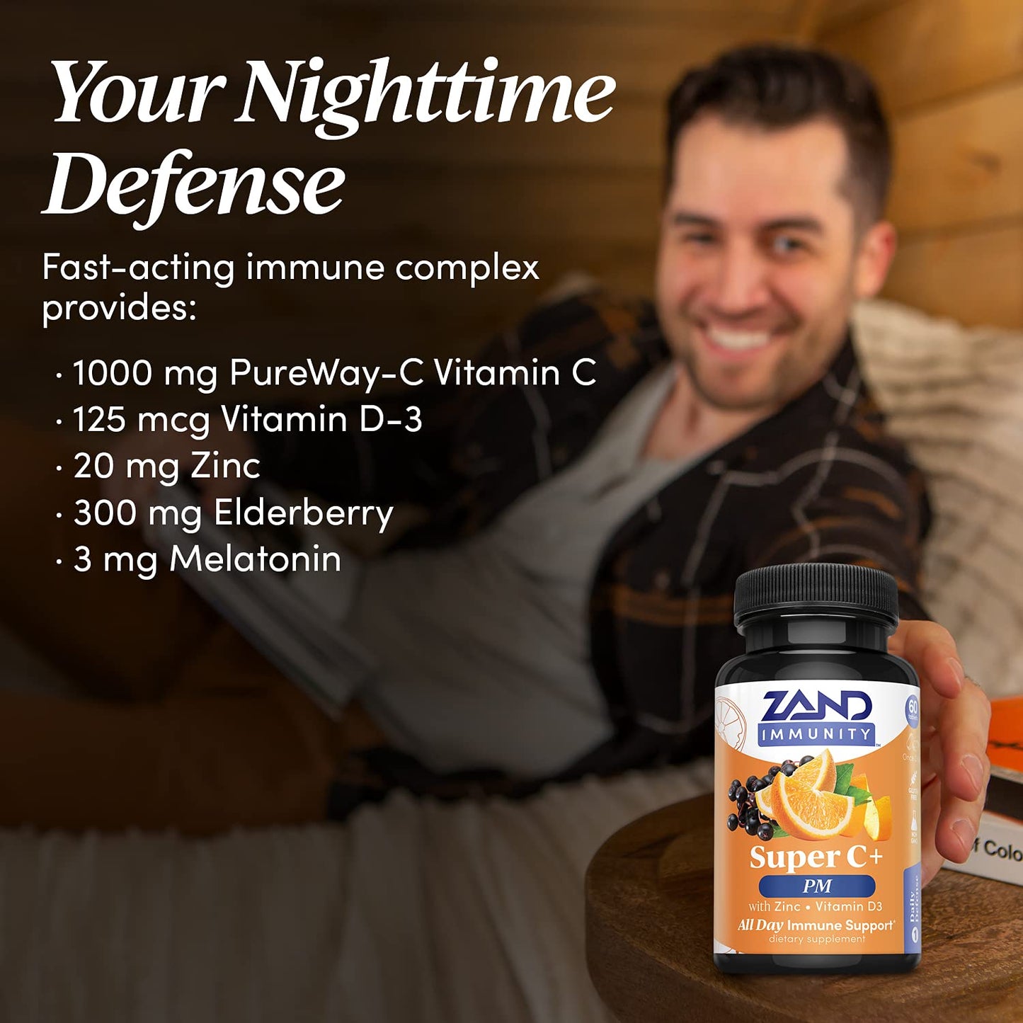 Zand Immunity Super C+ PM – Nighttime Immune Support with Melatonin, 1000mg PureWay-C, Zinc, D3 & Elderberry | 60 Tablets