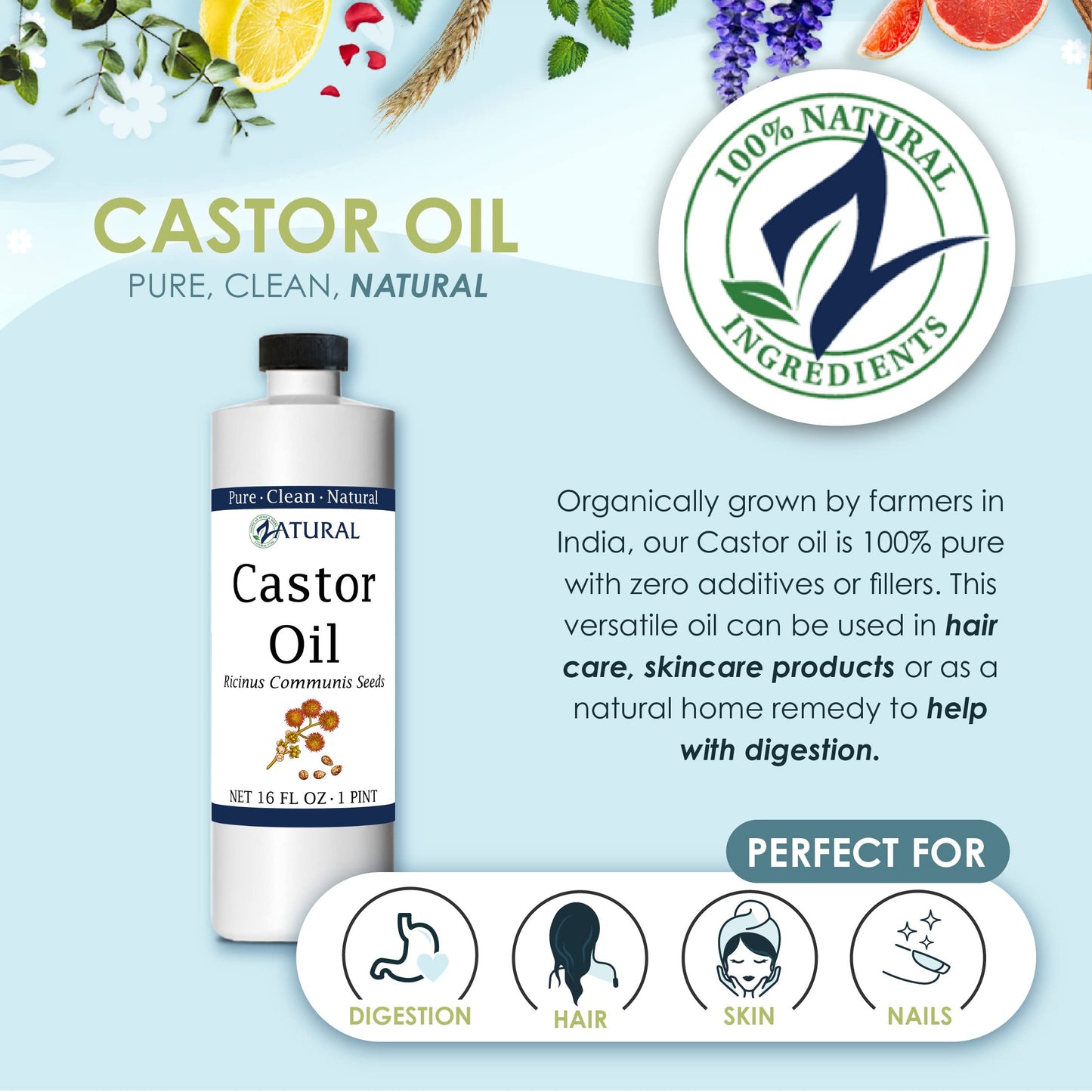 Zatural Castor Oil 100% Pure Cold-Pressed Hexane-Free (16oz) for Hair Growth, Lashes & Brows