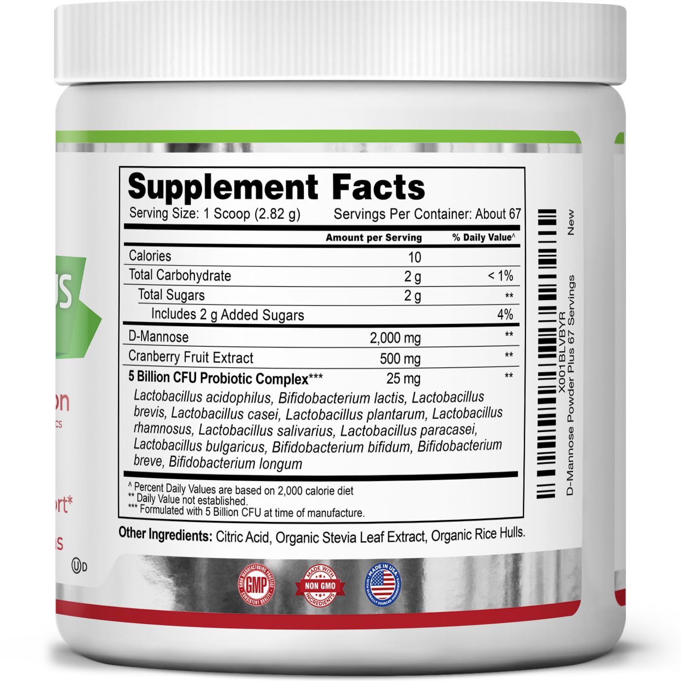 Zazzee D-Mannose Powder Plus 2000 mg | 67 Servings | Probiotics + Cranberry Extract | Kosher, Gluten-Free, Non-GMO