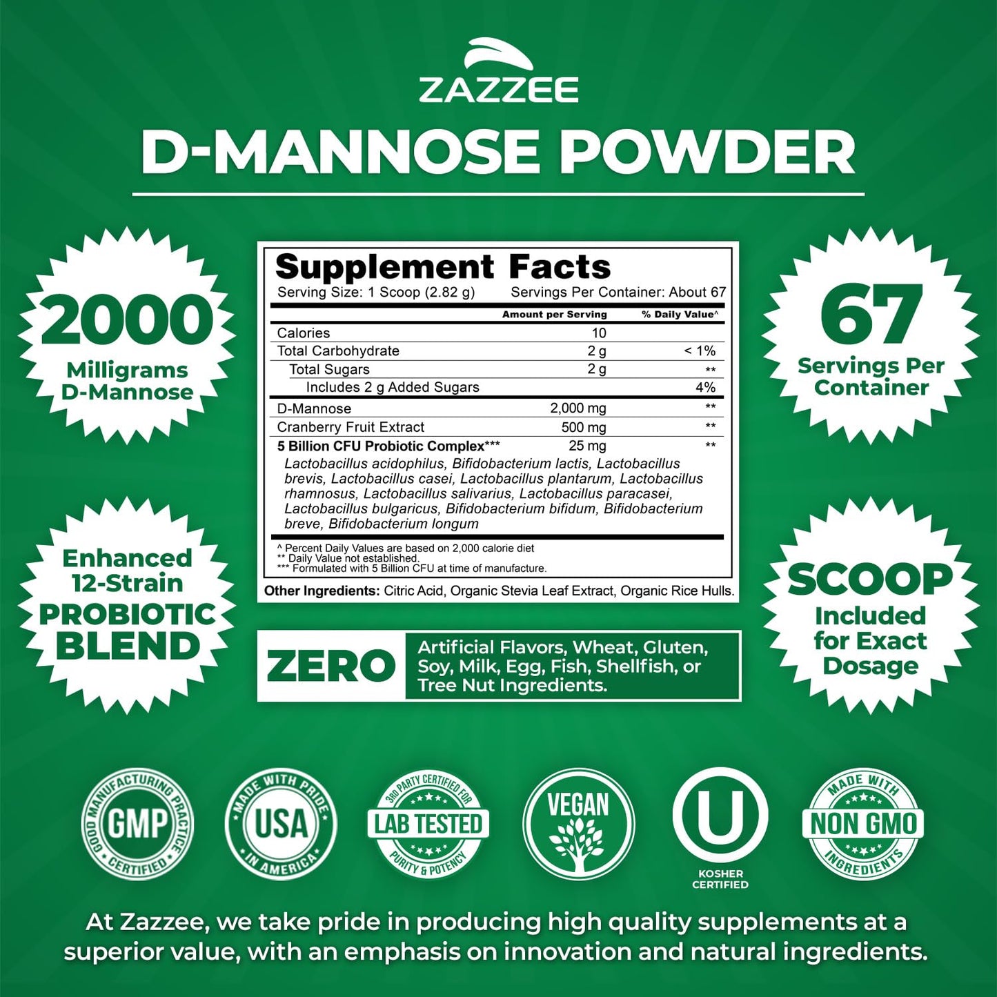 Zazzee D-Mannose Powder Plus 2000 mg | 67 Servings | Probiotics + Cranberry Extract | Kosher, Gluten-Free, Non-GMO