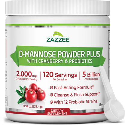Zazzee D-Mannose Powder Plus with Probiotics & Cranberry Juice Extract | 2000 mg, 120 Servings