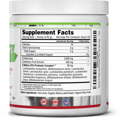 Zazzee D-Mannose Powder Plus with Probiotics & Cranberry Juice Extract | 2000 mg, 120 Servings