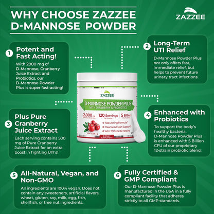 Zazzee D-Mannose Powder Plus with Probiotics & Cranberry Juice Extract | 2000 mg, 120 Servings