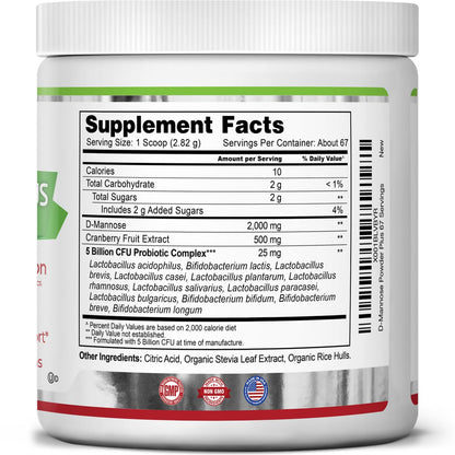 Zazzee D-Mannose Powder Plus 2000 mg | 67 Servings | Probiotics + Cranberry Extract | Kosher, Gluten-Free, Non-GMO