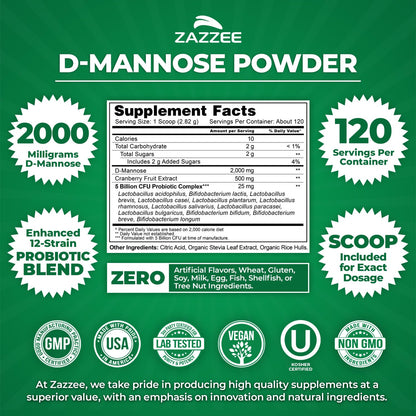 Zazzee D-Mannose Powder Plus with Probiotics & Cranberry Juice Extract | 2000 mg, 120 Servings