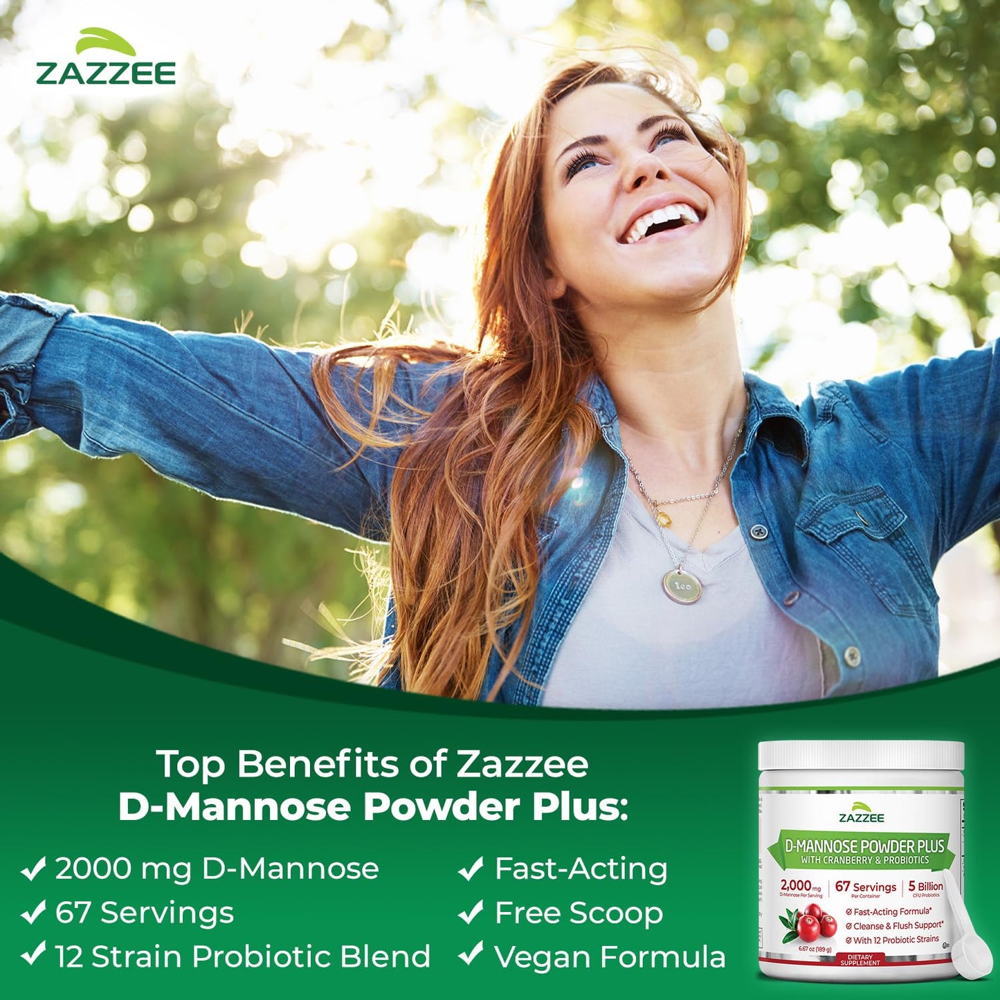 Zazzee D-Mannose Powder Plus 2000 mg | 67 Servings | Probiotics + Cranberry Extract | Kosher, Gluten-Free, Non-GMO