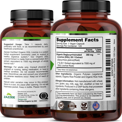Zazzee USDA Organic DGL Licorice 7000 mg | 20:1 Extract | 120 Veg Capsules