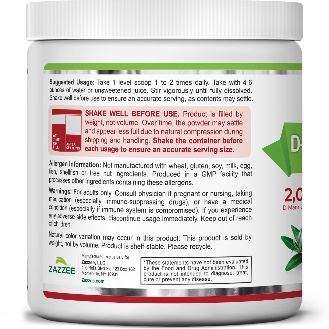 Zazzee D-Mannose Powder Plus 2000 mg | 67 Servings | Probiotics + Cranberry Extract | Kosher, Gluten-Free, Non-GMO